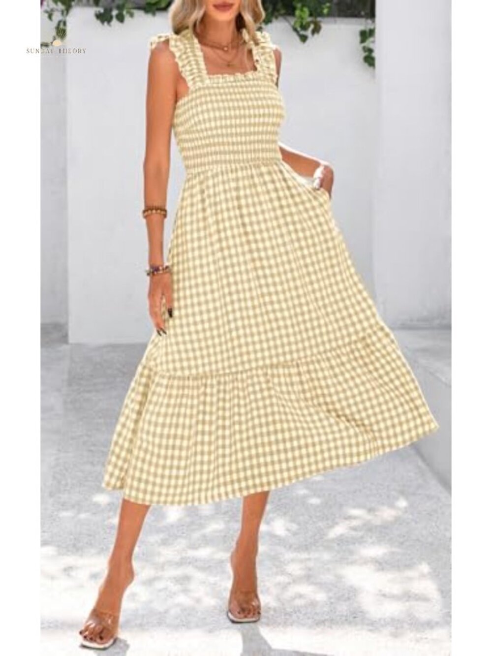 Women's Summer Midi Dress Ruffle Strap Square Neck Gingham Sundress - Picture 5 of 6